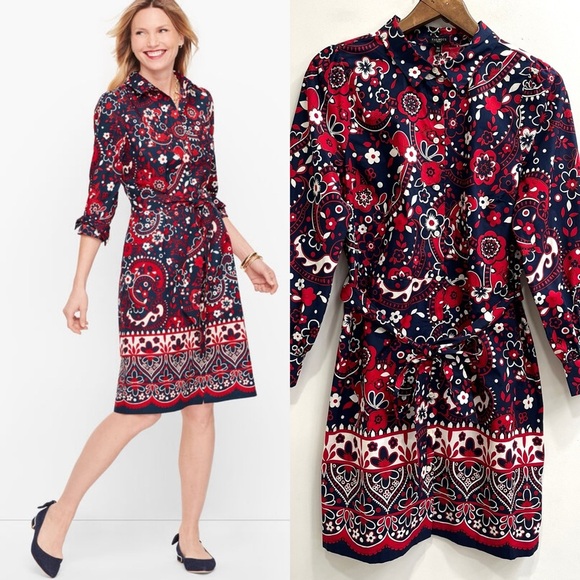 Talbots Dresses & Skirts - Talbots Picnic Paisley Poplin Shirtdress Navy Blue Red Belted Long Sleeve 16P